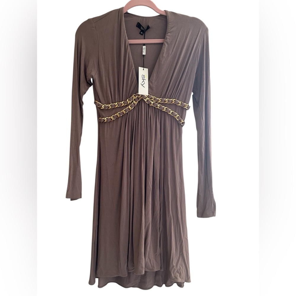 Sky Long Sleeve Dress with Gold Accent